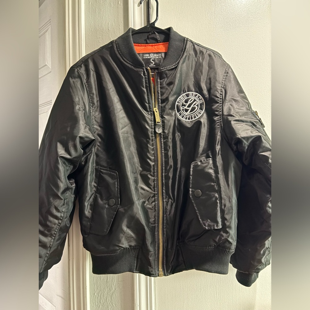 Men’s Small Long Beach Certified Bomber Puffer Zip Up Jacket
